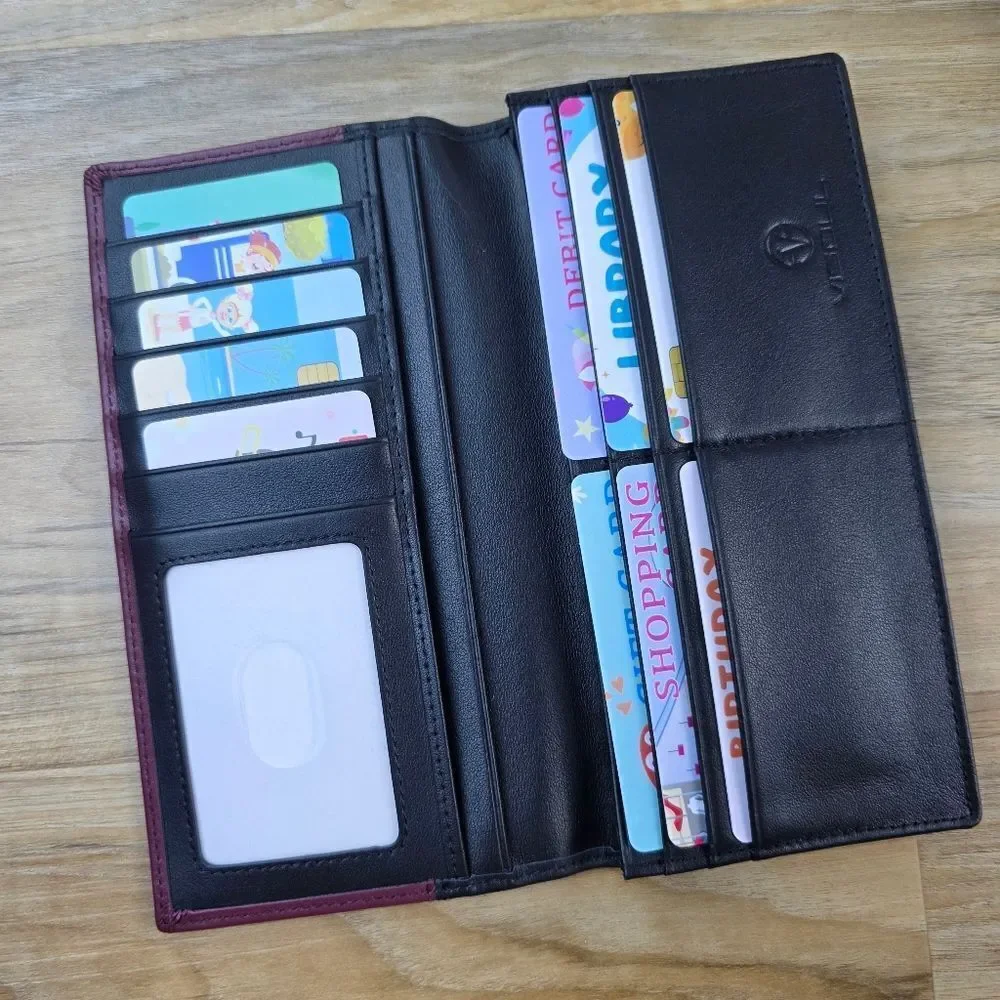 🩵⏭️NIB Black & Burgundy Italian Leather RFID Blocking Long Bi-Fold Wallet